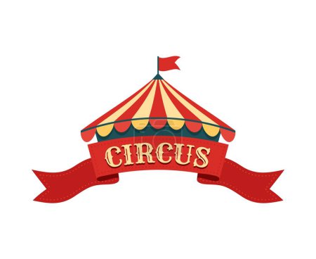 Ilustración de Cartel de circo de tienda retro y letrero de carnaval vintage con carpa colorida, cinta roja y fuente caprichosa llama con nostalgia, prometedora atmósfera animada llena de emoción y asombro - Imagen libre de derechos
