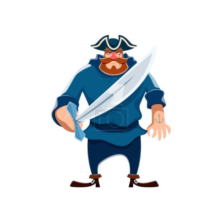 Illustration for Cartoon pirate captain character with sword. Red bearded corsair vector personage with captain tricorn hat, saber and anchor tattoo on hand. Funny pirate marine robber with sabre ready to fight - Royalty Free Image