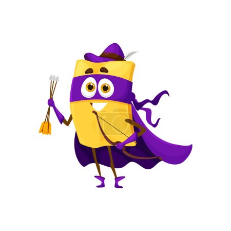 Illustration for Cartoon quadretti pasta superhero character with bow and arrows. Isolated vector brave, skilled archer, fighter, defender ready to protect the world from danger with his trusty weapons in food battle - Royalty Free Image