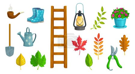 Illustration for Gnome farming and gardening tools, tree leaves and plants. Isolated vector set of smoking pipe, rubber boots, watering can, shovel and foliage. Ladder, gasoline lantern, pruner and potted flower - Royalty Free Image