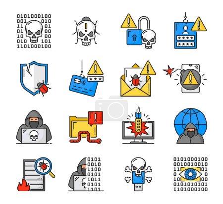 Illustration for Cyber attack line icons, hackers crime and computer security fraud or internet phishing, vector symbols. Cyber attack with web bug virus and digital password code, computer data cyber crime hacker - Royalty Free Image