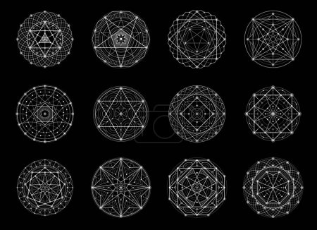 Illustration for Sacred geometry, esoteric, magic and alchemy vector symbols of myth and meditation pentagram. Spiritual tattoo shapes of sacred geometry and esoteric occult pentagrams or star pentacles with pyramid - Royalty Free Image