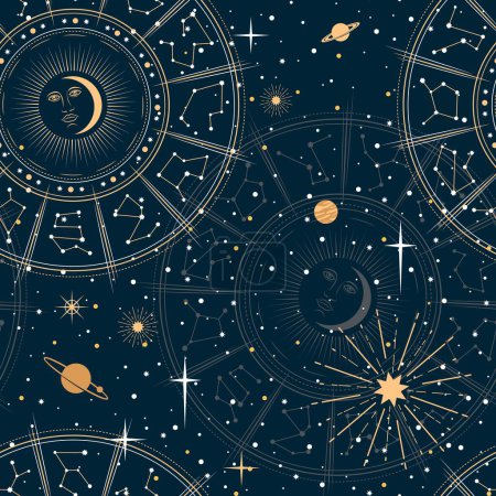 Téléchargez les illustrations : Modèle astrologique, constellation céleste, étoiles mystiques et planètes. Fond ésotérique avec ornement vectoriel sans couture de fines lignes de soleil, lune, zodiaque ou signes horoscopiques dans le ciel nocturne sombre - en licence libre de droit