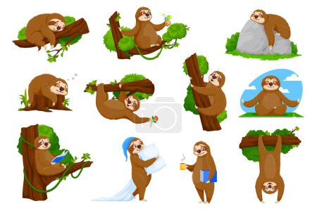 Illustration for Cartoon funny sloth characters of cute lazy sleeping animal vector set. Sloth or tropical jungle sleepy bear hanging on tree, sleeping or snooze with pillow in pajamas, drinks coffee and reads book - Royalty Free Image