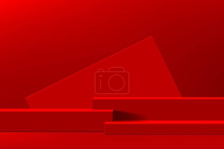 Téléchargez les illustrations : Scène rectangulaire rouge du podium chinois. Scène rectangulaire dynamique vectorielle 3D réaliste, resplendissante dans des teintes écarlates audacieuses, offrant une plate-forme frappante pour des présentations percutantes et des performances festives - en licence libre de droit