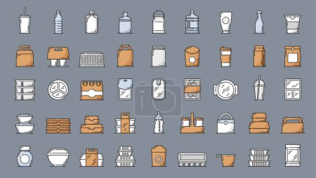 Illustration for Plastic food containers and package color icons. Fast food meals and drinks disposable packaging, dairy products, water and beverage bottles, takeaway food delivery plastic containers line pictograms - Royalty Free Image