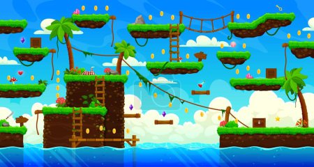 Illustration for Arcade tropical island game level map interface. Sky clouds, palms and lianas, golden coins, platforms and bonuses, stairs or bridges over the sea. Cartoon vector fantasy world location Ui landscape - Royalty Free Image