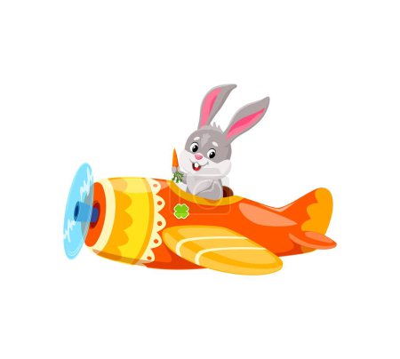 Téléchargez les illustrations : Cartoon bébé lapin personnage animal dans l'avion. Pilote d'avion animalier. Vecteur isolé adorable lapin vole joyeusement dans le ciel sur plan fantaisiste, oreilles battantes, carotte à la main, yeux excités - en licence libre de droit