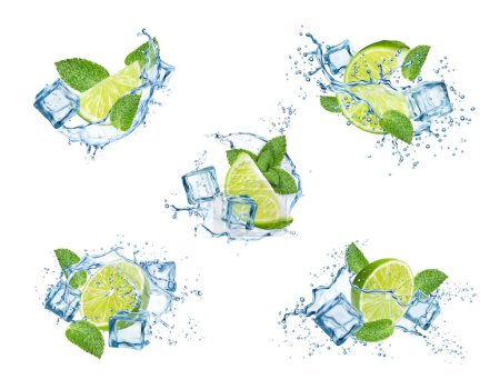 Illustration for Realistic mojito drink, ice cubes, lime fruit slices, water splash and mint. Lemon juice, soda and rum cocktail vector 3d wave flow with drops, fresh citrus fruits, green leaves and frozen water cubes - Royalty Free Image