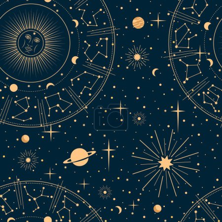 Illustration for Astrology pattern. Celestial constellation, mystic stars and planets. Esoteric background or wallpaper, astrology vector backdrop, astronomy pattern or zodiac constellations wallpaper - Royalty Free Image
