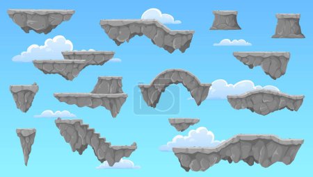 Ilustración de Plataformas de juego de piedra de dibujos animados. Conjunto vectorial de islas flotantes en cielo nublado, diseño 2d nivel de juego. Ui ubicaciones de la naturaleza, arcos voladores y elementos de escaleras para saltar, pc o gráficos arcade móviles - Imagen libre de derechos