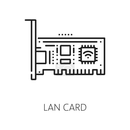 Ilustración de Software de electrónica, industria informática, desarrollo de aplicaciones icono de línea delgada de hardware. Internet y tecnología de red, prueba de hardware del servidor símbolo vectorial lineal con la tarjeta LAN del ordenador PC - Imagen libre de derechos