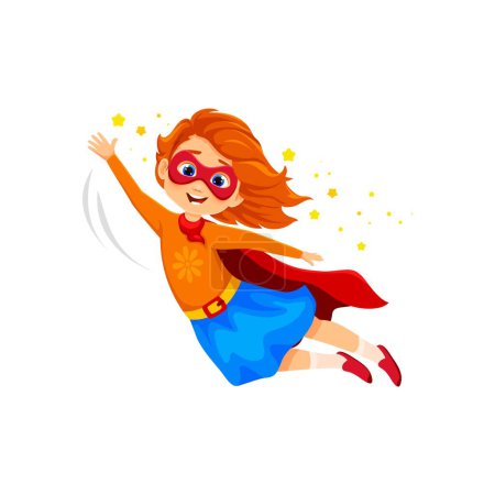 Cartoon-Kind Superhelden-Figur. Isolierte Vektor temperamentvolle Mädchen Superheldin, geschmückt in bunten Kostümen mit einem Umhang flattert hinter ihr, strahlt Zuversicht aus, bereit, jedes Abenteuer mit einem Lächeln zu erobern
