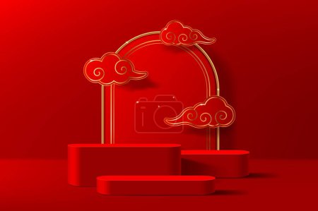 Ilustración de Etapa de podio chino rojo con nubes y arco dorado. Realista 3d vector majestuoso pedestal, adornado con un arco de oro, creando una mezcla etérea armoniosa de grandeza cultural y encanto celestial - Imagen libre de derechos