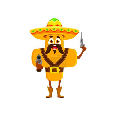 Illustration for Cartoon cowboy and robber math plus sign character armed with guns and wearing a sombrero. Isolated vector playful whimsical mathematical personage adds up equations in the wild west frontier - Royalty Free Image