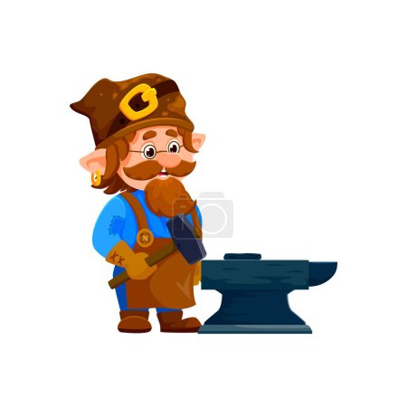 Illustration for Cartoon gnome or dwarf blacksmith character. Isolated vector quirky personage in a pointed hat and leather apron, skillfully hammers away at an anvil, creating magical and fantastical metalwork - Royalty Free Image