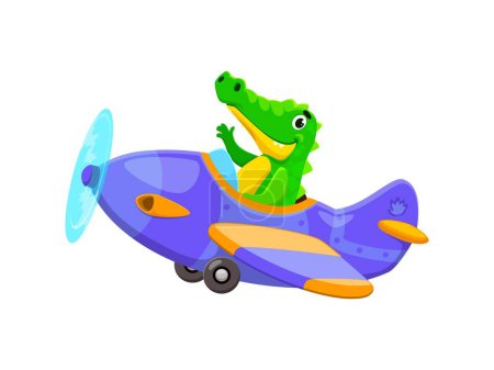Illustration for Baby animal character on plane. Cartoon animal crocodile kid airplane pilot. Isolated vector cute alligator cub joyfully maneuvers a tiny vintage aeroplane through the skies with its adventurous charm - Royalty Free Image