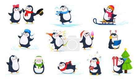 Illustration for Cartoon cute funny penguin characters doing Christmas winter holiday activities. Happy penguin birds vector personages with snow, sled, hats and scarves, Xmas tree, gift, ice skates and snowballs - Royalty Free Image
