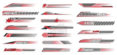 Illustration for Red race sport car stripe stickers, racing line decals. Bike championship victory or wining banners, car race competition checkered flag pattern or motocross sport decals with finish or start flag - Royalty Free Image