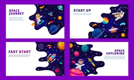 Illustration for Cartoon space posters. Space travel, astronomy science or galaxy research vector banners. Business startup horizontal posters with kid astronaut character flying on rocket, UFO and galaxy planets - Royalty Free Image