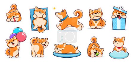 Ilustración de Dibujos animados kawaii lindo mascota shiba inu perro y personajes de cachorro. Animales de compañía divertidos vectores de personajes de raza japonesa, perros bebés felices jugando con juguetes de pelota y hueso. Shiba inu cachorros durmiendo, corriendo - Imagen libre de derechos