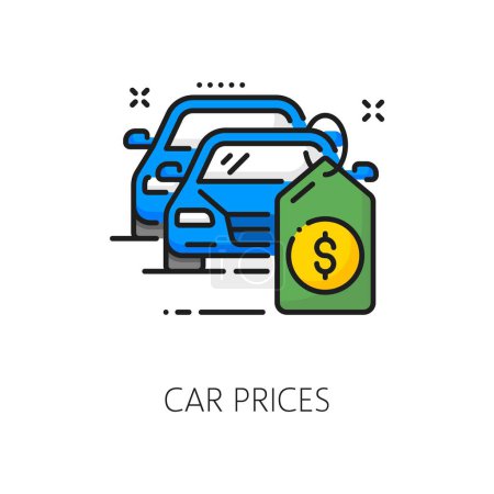 Illustration for Car prices line icon, dealership and auto dealer best offer for automobile buy, vector symbol. Used cars and new auto sales service, price tag line icon for cars purchase and best trade price offer - Royalty Free Image