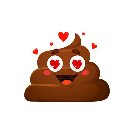 Ilustración de Cartoon poop emoji with love hearts in eyes, vector funny poo excrement character. Happy toilet shit emoticon or smile with in love expression on face for comic poop or chat poo emoji - Imagen libre de derechos