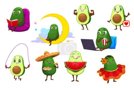 Illustration for Cartoon mexican avocado fruits characters set. Vector cute green avocado personages dancing, reading book, jumping, eating nachos and watermelon, surfing internet with laptop, showing like symbol - Royalty Free Image