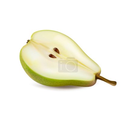Illustration for Ripe raw realistic green pear fruit half. Isolated 3d vector juicy and succulent slice reveals its white flesh and glistening seeds. Its sweet aroma promising a burst of refreshing, fruity flavor - Royalty Free Image