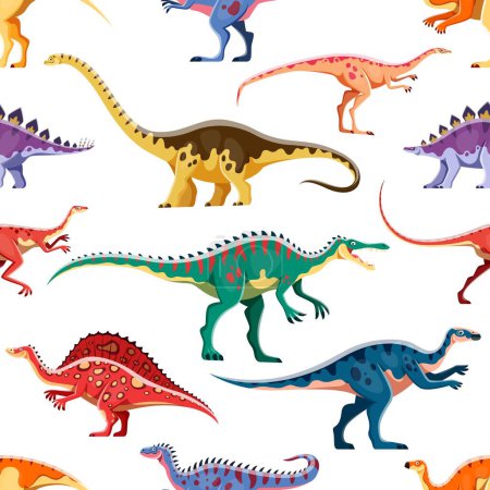 Illustration for Cartoon dinosaurs cute characters seamless pattern. Textile vector backdrop or print with Hypselosaurus, Suchomimus, Archaeornithomimus and Aralosaurus, Ouranosaurus, Alectrosaurus dinosaurs personage - Royalty Free Image