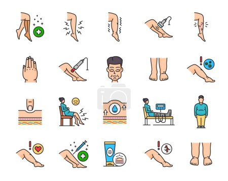 Illustration for Edema line icons, disease of leg ankle and foot swelling, symptoms and treatment vector symbols. Edema lymphatic vascular or obesity sickness of legs and feet, diagnosis and medical care linear icons - Royalty Free Image