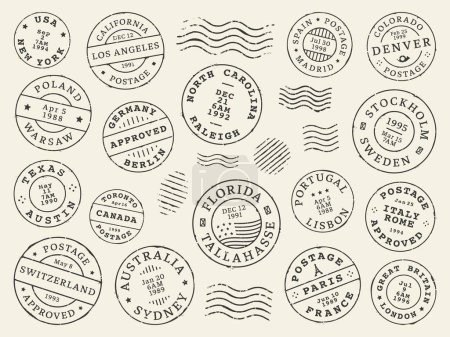 Illustration for Postage and postal stamps and mail post labels, country vintage letter or postcard vector icons. Retro postage or postmark stamps with date seal from New York, Australia Sydney or Texas and California - Royalty Free Image