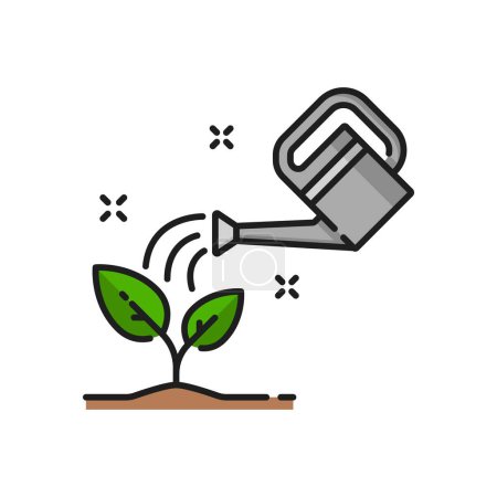 Illustration for Plant growing and watering can line icon, sprout sprig with green leaves in soil, vector symbol. Agriculture, horticulture agronomy icon of plant seed or tree sprig watering for farming and gardening - Royalty Free Image