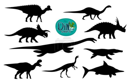 Illustration for Cartoon dinosaurs cute characters silhouettes. Ichthyosaurus, Elaphrosaurus, Mussaurus extinct reptiles, Corythosaurus, Avaceratops, Elasmosaurus dinosaurs personages isolated vector silhouettes - Royalty Free Image