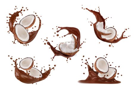 Illustration for Realistic chocolate milk splashes with coconut, vector 3d drink or cacao dessert food. Tropical nut milk shake cocktail, chocolate sauce or mousse swirls and waves with cracked nuts of coconut palm - Royalty Free Image