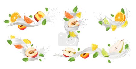 Illustration for Realistic milk wave splash and fruits with mint leaves. Vector 3d milk swirls and cream splatters with fresh apple, orange, peach and pineapple, pear and apricot. Dairy drink, dessert or cosmetics - Royalty Free Image