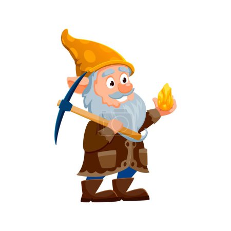 Illustration for Cartoon gnome or dwarf miner character triumphantly holding gleaming gold nugget. Isolated vector curious personage with pickaxe and pointed hat ready to unearth treasures in magical underground world - Royalty Free Image