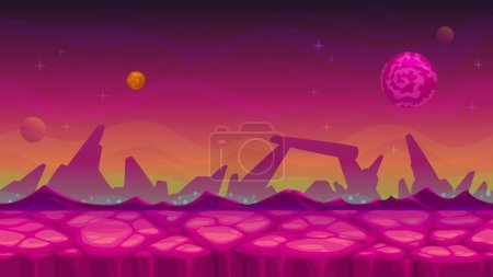 Illustration for Cartoon space planet surface or galaxy fantasy landscape, vector background. Alien planet ground with stars in purple sky, red mountain rocks and desert for galaxy world fantastic landscape - Royalty Free Image