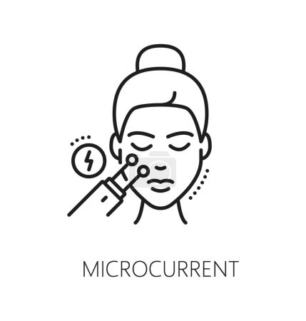 Illustration for Microcurrent face care, cosmetology and skincare icon. Isolated vector linear sign of innovative technology with delicate waves affect on female face, rejuvenating effect and advanced beauty treatment - Royalty Free Image