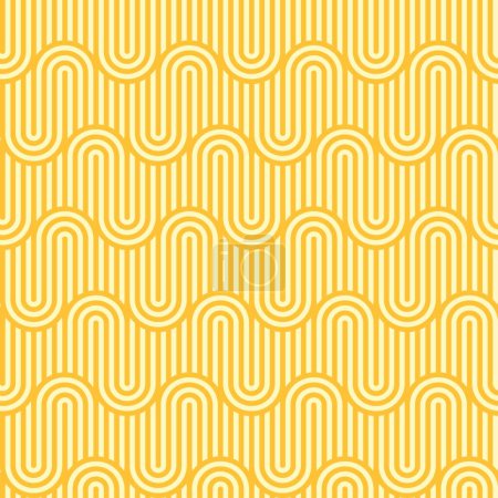 Ilustración de Asiático amarillo ramen fideos sin costuras patrón de fondo, vector de baldosas de pasta. Líneas de onda curvas amarillas abstractas o fideos de ramen y patrón de arte de pasta para restaurante de cocina oriental japonesa o china - Imagen libre de derechos