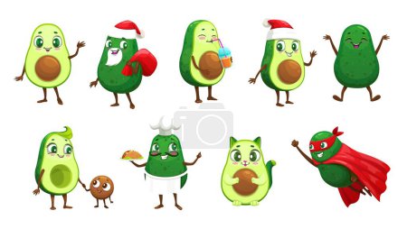 Illustration for Cartoon mexican avocado characters, vector fruit food. Funny avocado cat, chef, Santa and superhero personages with Christmas gift bag, taco, red hat and toque, super hero cape, mask and baby seed - Royalty Free Image