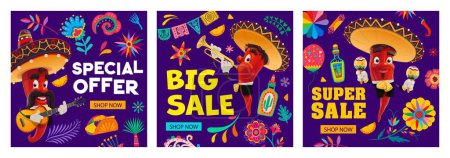 Illustration for Mexican holiday big sale special offer banners with chili pepper mariachi musicians characters and tropical flowers. Vector Mexico fiesta discount offer flyer, mariachi, sombrero, guitar and maracas - Royalty Free Image