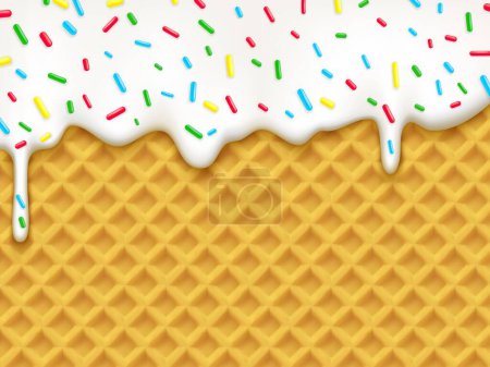 Illustration for Realistic vanilla ice cream melting drip with candy sprinkles on wafer, vector background. Waffle with sweet milky syrup or ice cream melt with rainbow sprinkles for candy or ice cream dessert - Royalty Free Image