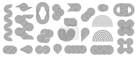 Illustration for Geometric line Zen arch patterns, stroke figures and shapes, vector linear elements. Abstract minimalism outline wave, curve and circle shapes with Japanese Zen arch patterns in wavy zigzag - Royalty Free Image