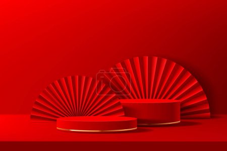 Ilustración de Etapa de podio chino rojo con anillos de oro y abanico. Fondo realista del vector 3d con la escena vibrante en estilo oriental, plataforma cautivadora, simbolizando la riqueza cultural y la grandeza ceremonial - Imagen libre de derechos