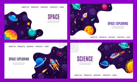 Illustration for Galaxy space landing pages. Cartoon rocket, spaceship and starship, starry sky and space planets website backgrounds set. Vector templates of astronomy science and galaxy exploration landing page - Royalty Free Image