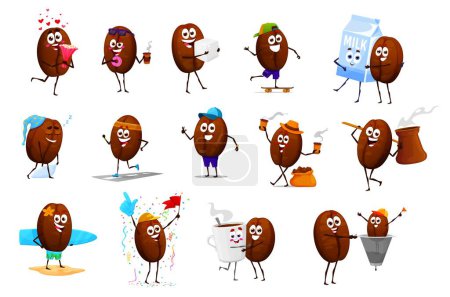 Ilustración de Dibujos animados alegres personajes de granos de café feliz con taza de café, iconos de mascotas vector. Granos de café lindo divertido con sonrisa en la cara abrazando la leche y el azúcar, durmiendo o con postre de rosquilla y pulgar hacia arriba - Imagen libre de derechos