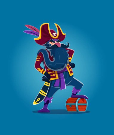 Illustration for Cartoon pirate long bearded captain or corsair sailor character with treasure chest, vector personage. Angry man pirate filibuster in tricorne hat with skull or parrot feathers for Caribbean adventure - Royalty Free Image