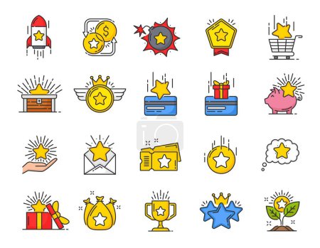 Illustration for Benefit special bonus and prize reward color icons, loyalty gifts vector line symbols. Bonus rewards and incentive benefits icons of star, coin, credit card and piggy bank or gold bag and award coupon - Royalty Free Image