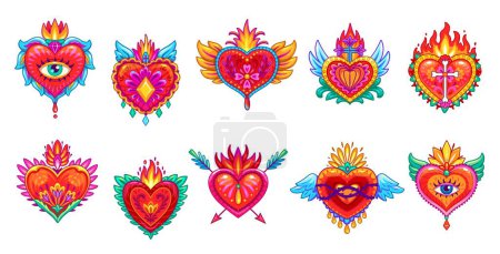 Illustration for Mexican sacred hearts, vector tattoos. Vintage Mexico hearts of Jesus with fire flames, eyes, crowns and crosses, flower pattern, burning wings and arrows. Catholic religion sacred symbols set - Royalty Free Image